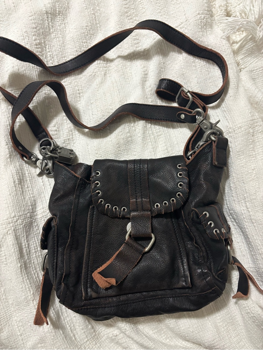 Free People Baby Leigh Dark Brown Leather Studded Crossbody Bag